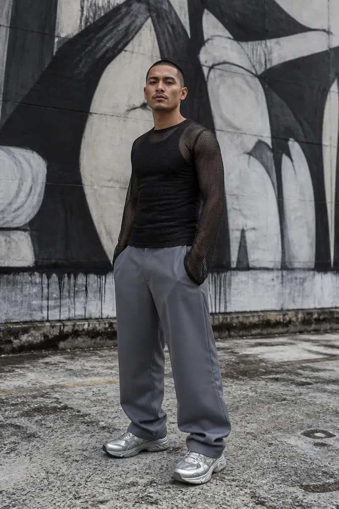 Black mesh long-sleeve top with oversized gray trousers and silver sneakers