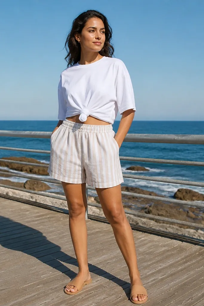 White oversized tee knotted at waist with striped baggy shorts and tan slides