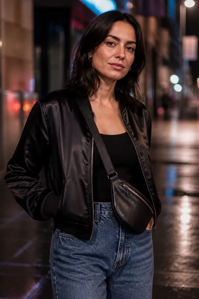 Black satin bomber over ribbed tank with wide-leg denim and a belt bag across the chest