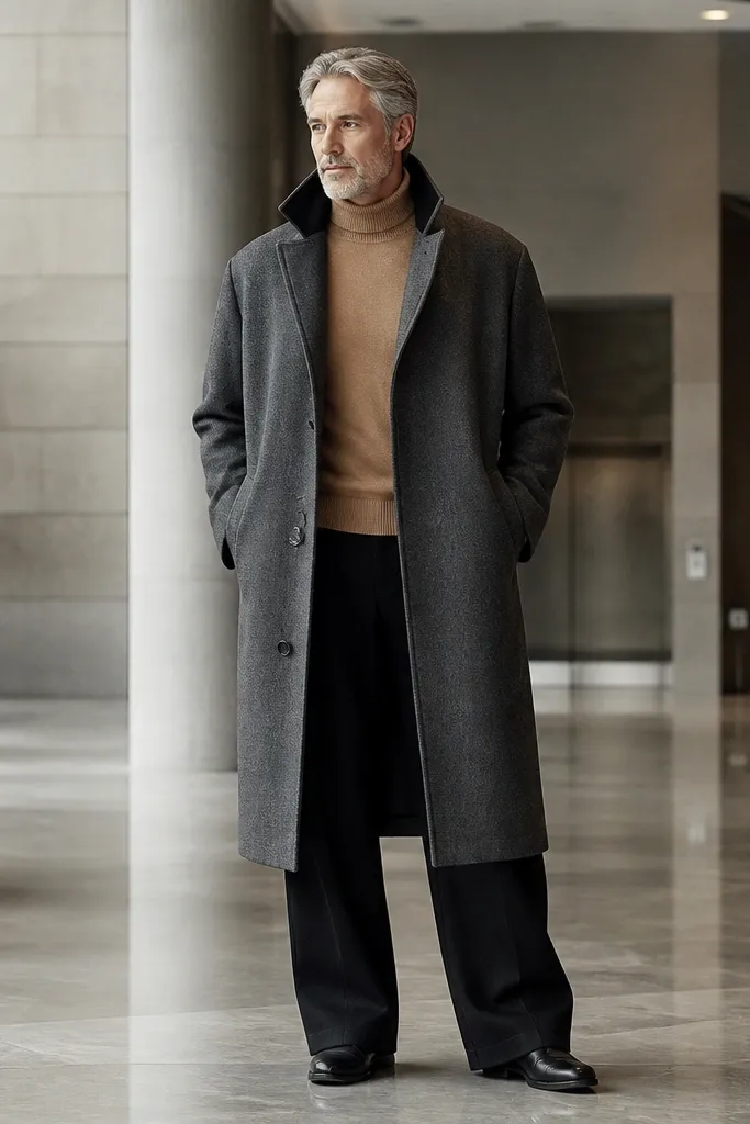 Gray oversized coat over camel turtleneck with black wide-leg pants and black shoes