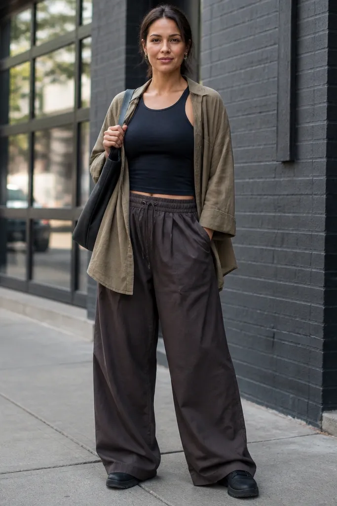 Khaki oversized shirt worn over black cycling shorts with baggy trousers and sneakers