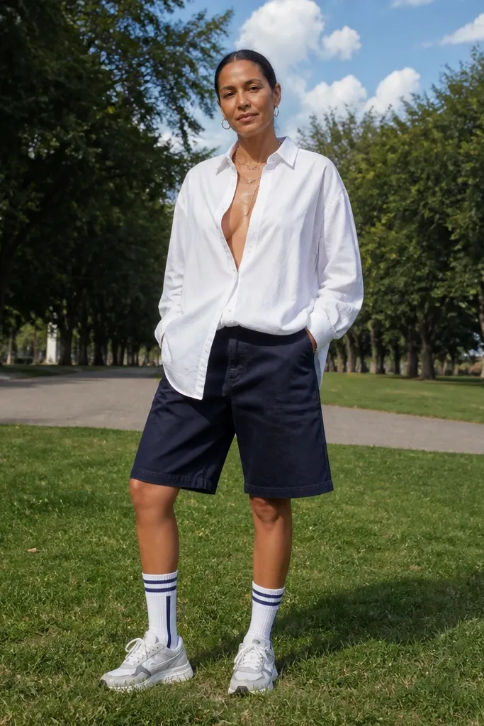 Oversized white button shirt with navy baggy shorts and white high socks