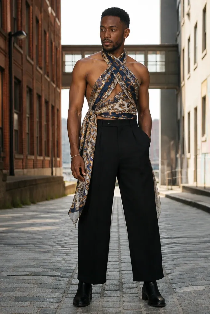 Black wide-leg trousers with a patterned scarf-wrapped top and ankle boots