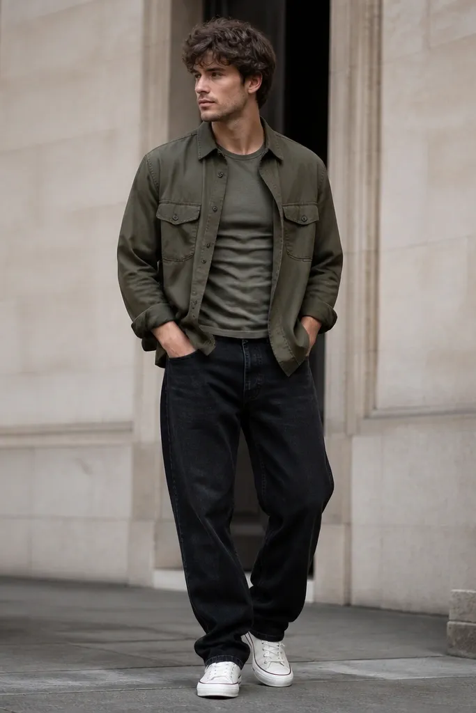 Dark olive overshirt over fitted tee with baggy black jeans and white canvas sneakers