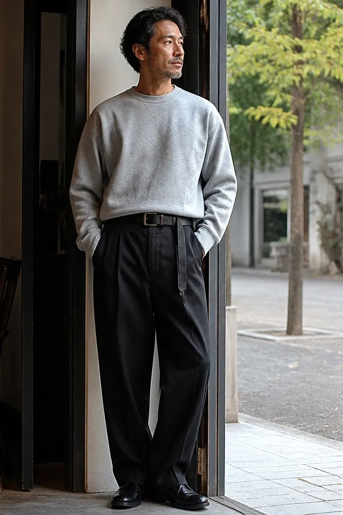 Light gray sweatshirt with baggy black trousers and a long belt, plus black shoes
