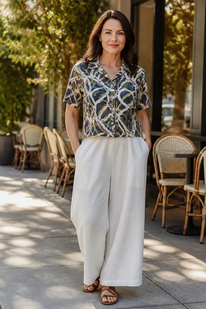 Patterned short-sleeve shirt with baggy off-white pants and brown sandals