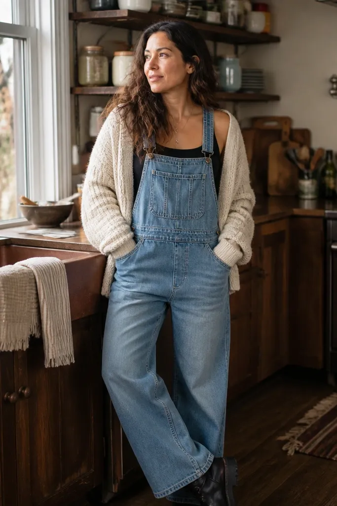 Black tank under oversized cream cardigan with baggy denim overalls and chunky sneakers