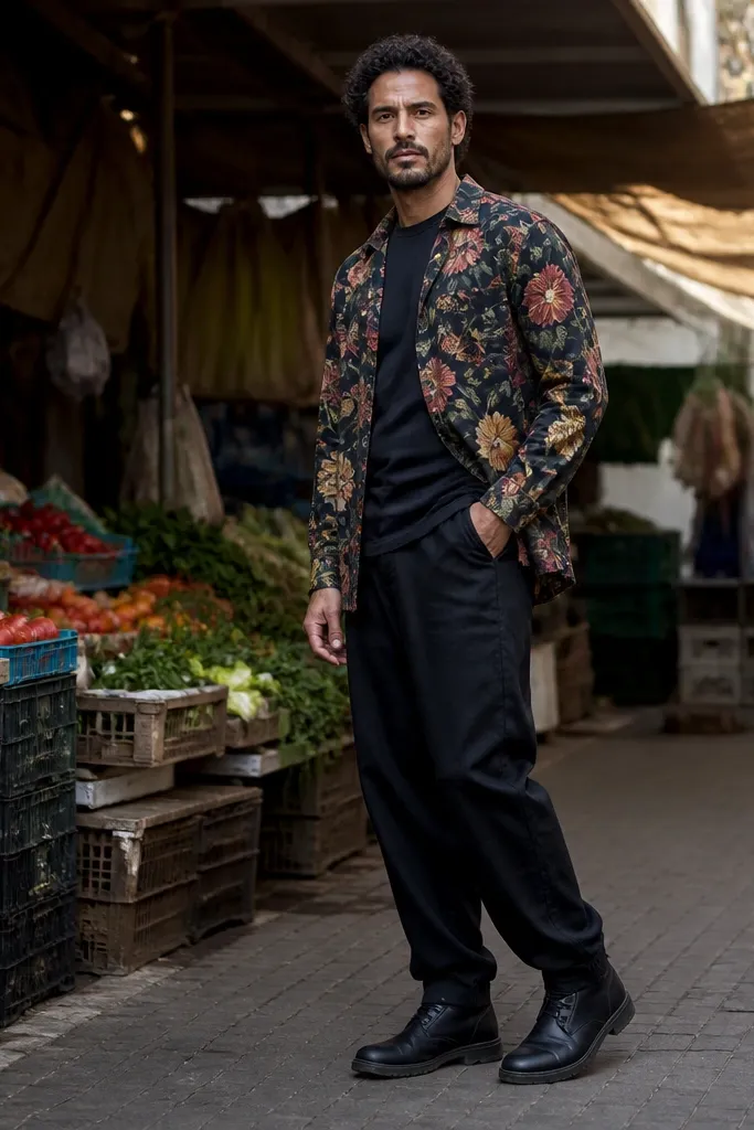 Floral long-sleeve shirt over black tee with baggy black jeans and black boots