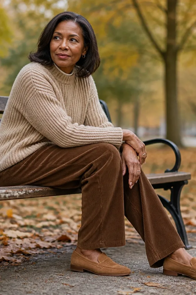 Tan knit sweater with baggy brown corduroy pants and suede loafers
