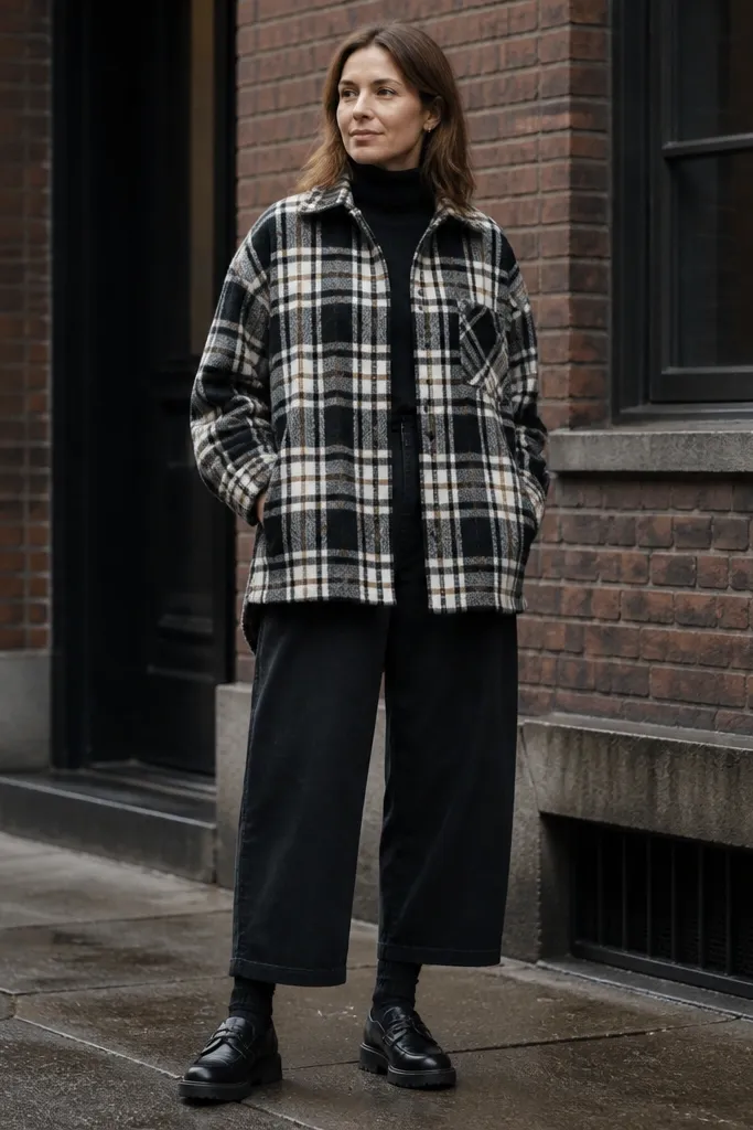 Black turtleneck with oversized plaid overshirt and cropped baggy trousers plus boots