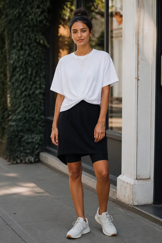 White oversized tee over black baggy skirt with bike shorts and white sneakers
