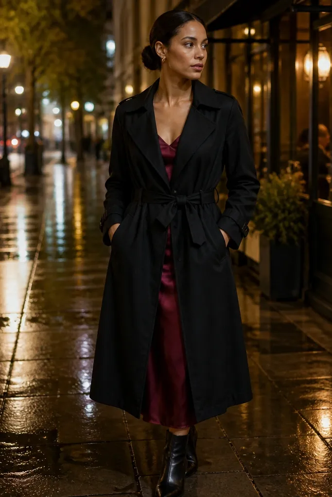 Burgundy satin slip dress with black trench coat and red heels