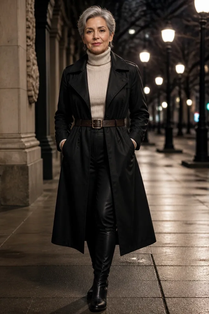 Cream ribbed turtleneck with black trench and black leather-look pants