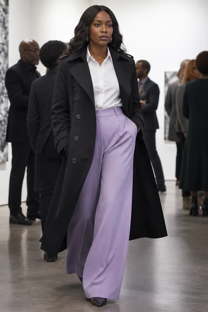 Lilac wide-leg trousers with white shirt and black trench coat