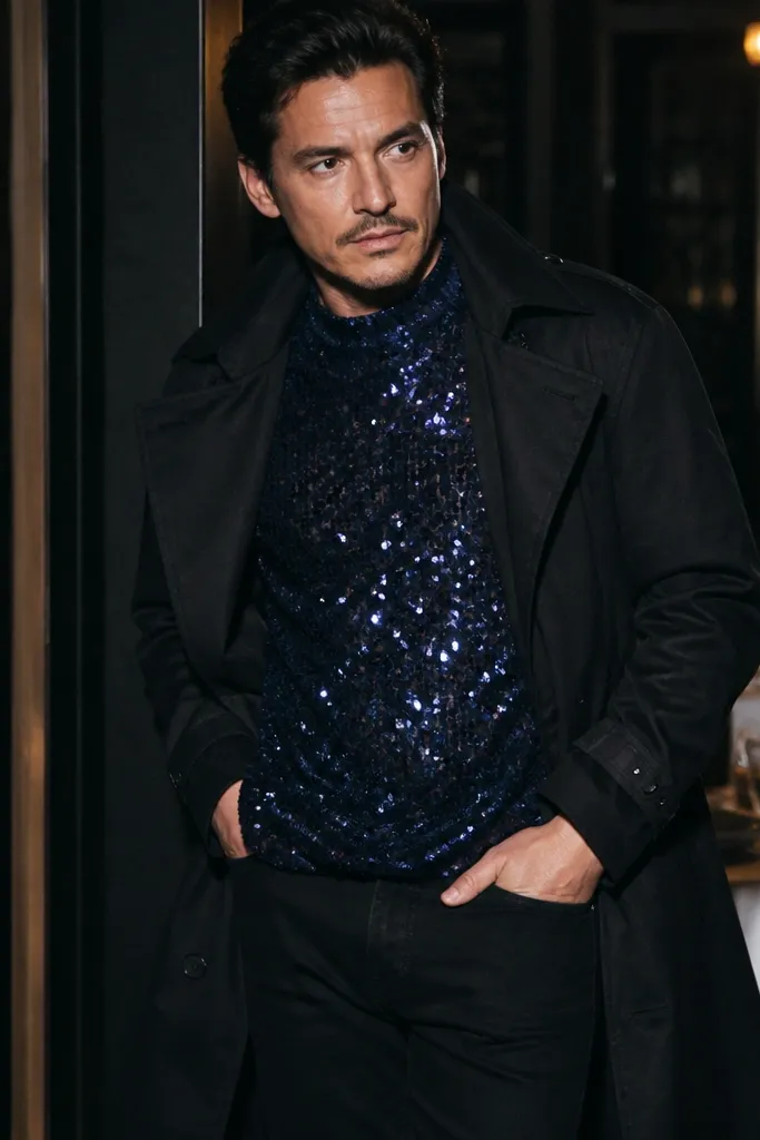 Midnight blue sequin top with black trench over black jeans and boots
