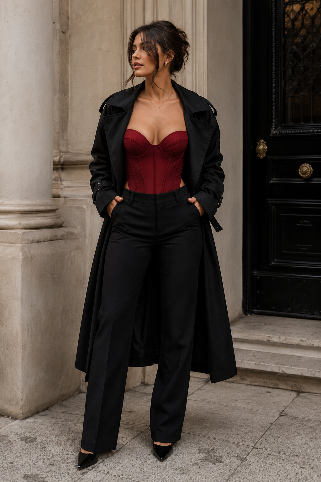 Red corset-style bodysuit under black trench with straight black trousers
