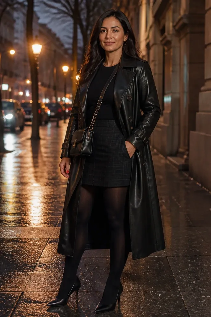 Plaid mini skirt with black tights and black trench coat