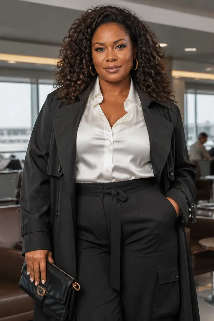 White satin blouse with black trench over black cargo wide pants and boots