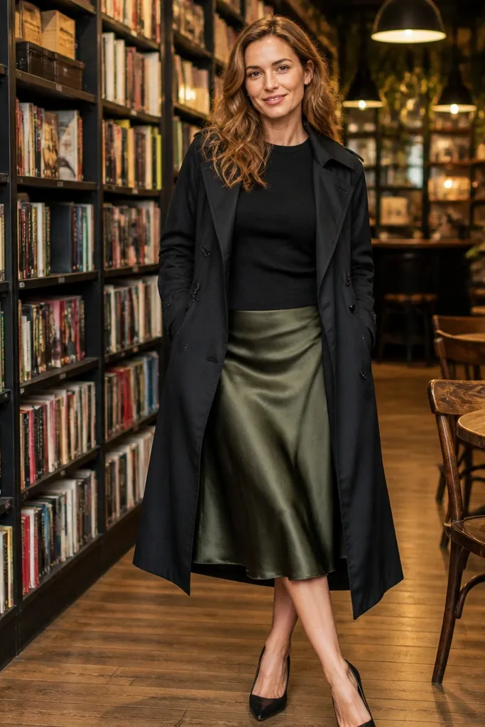 Olive silk skirt with black knit top and black trench coat