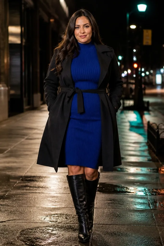 Cobalt knit dress with black trench coat and knee-high black boots