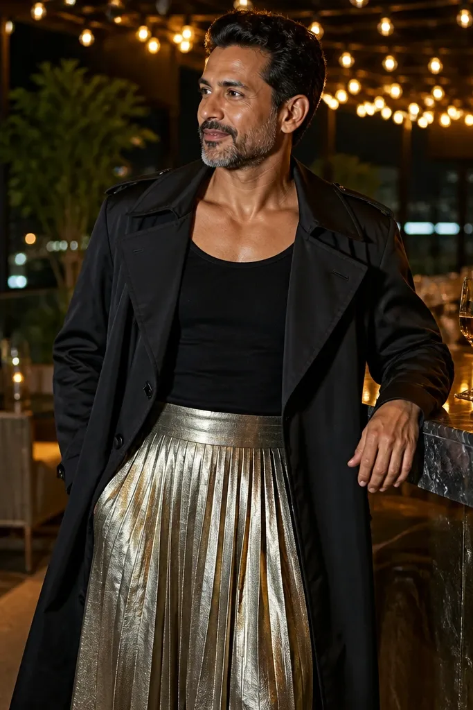 Champagne metallic skirt with black trench and a simple fitted tank