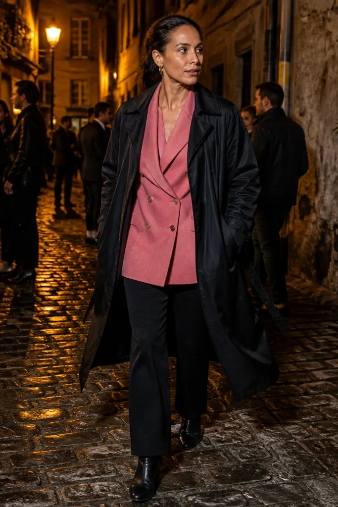 Black trench over rose-pink blazer and black trousers with black boots