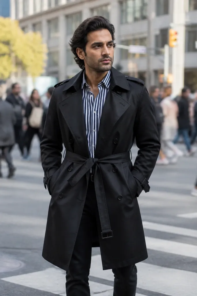 Navy and white striped shirt with black trench and tailored black jeans