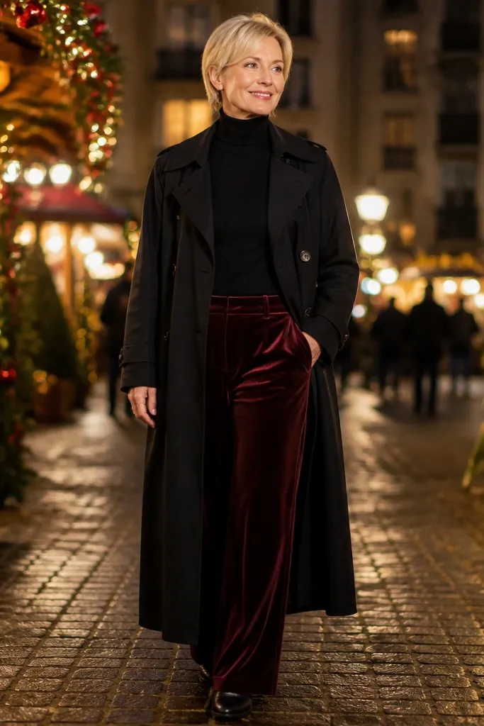 Burgundy velvet pants with black turtleneck and black trench coat