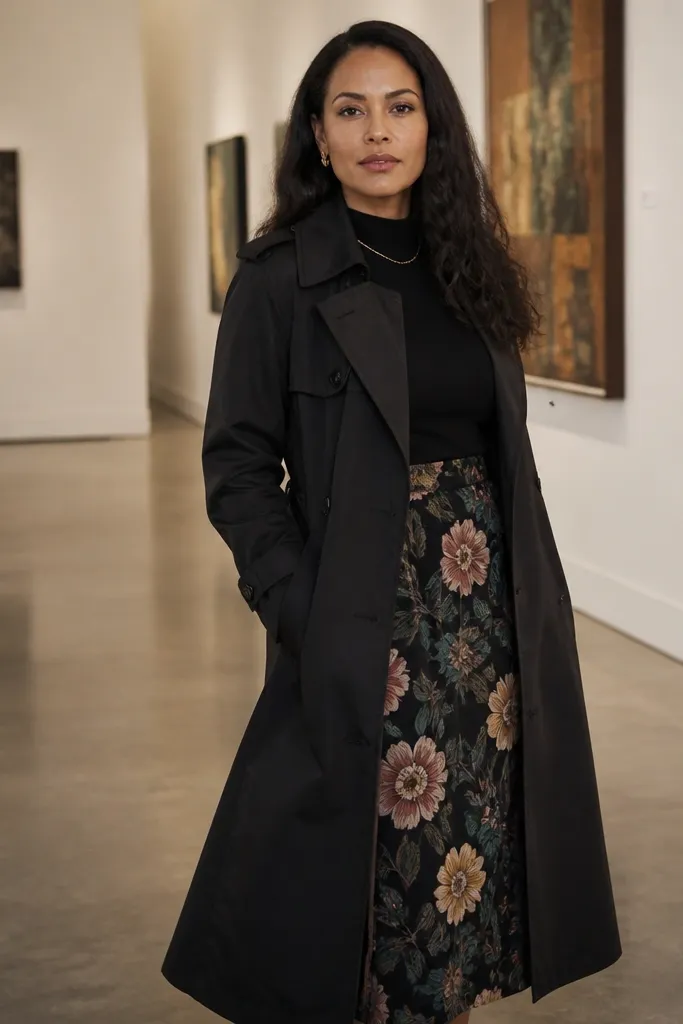 Floral midi skirt with fitted black bodysuit and black trench coat