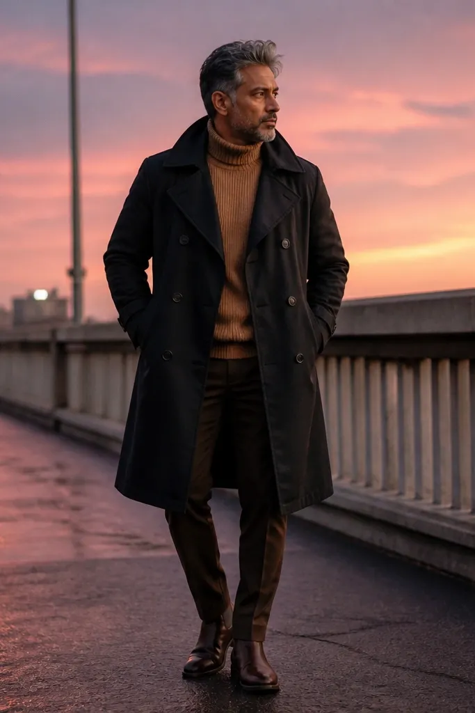 Camel turtleneck with black trench and dark brown leather boots