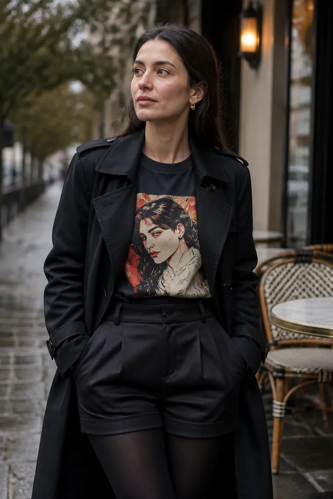 Graphic tee with tailored black shorts, black tights, and black trench coat