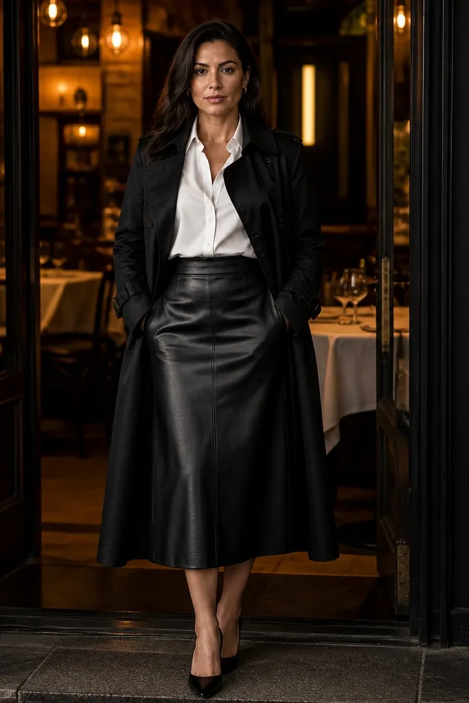 White button-up with black leather skirt and black trench coat