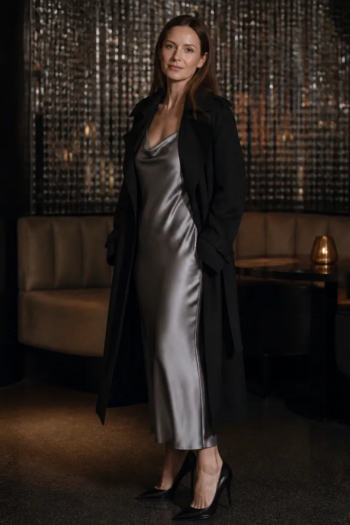 Silver-gray satin slip dress with black trench coat and black pumps