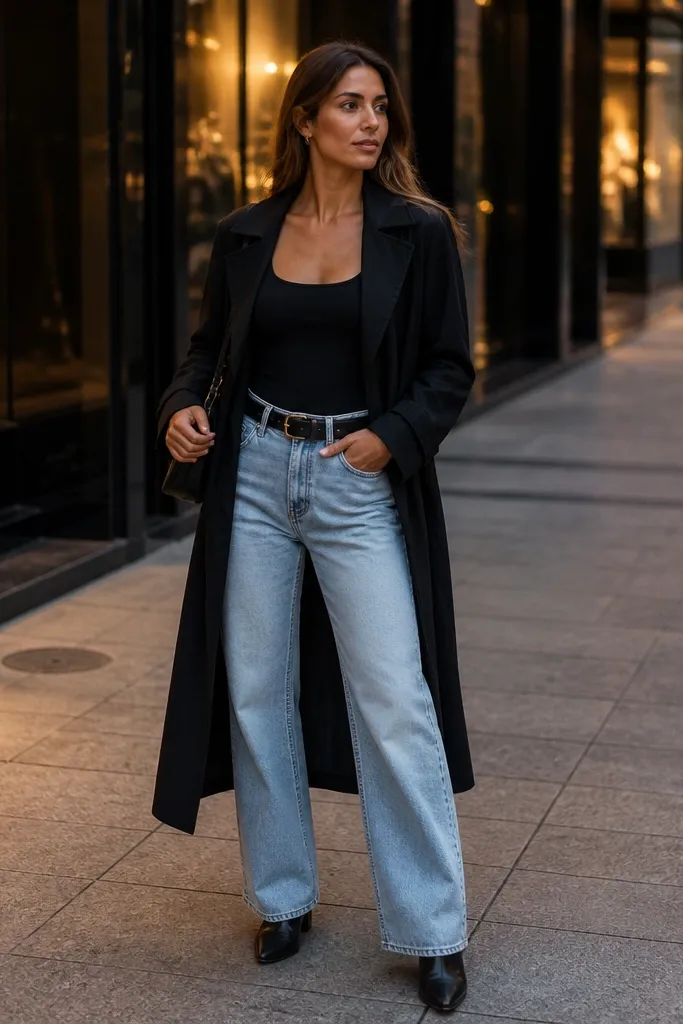 Black bodysuit with light-wash jeans and black trench coat