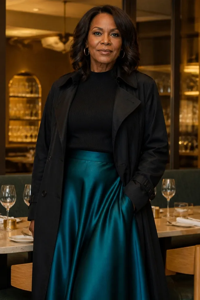 Teal satin skirt with black knit top and black trench coat