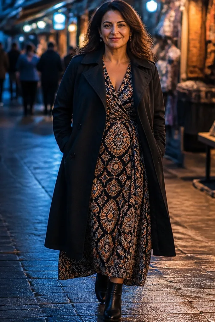 Patterned wrap dress with black trench coat and ankle boots