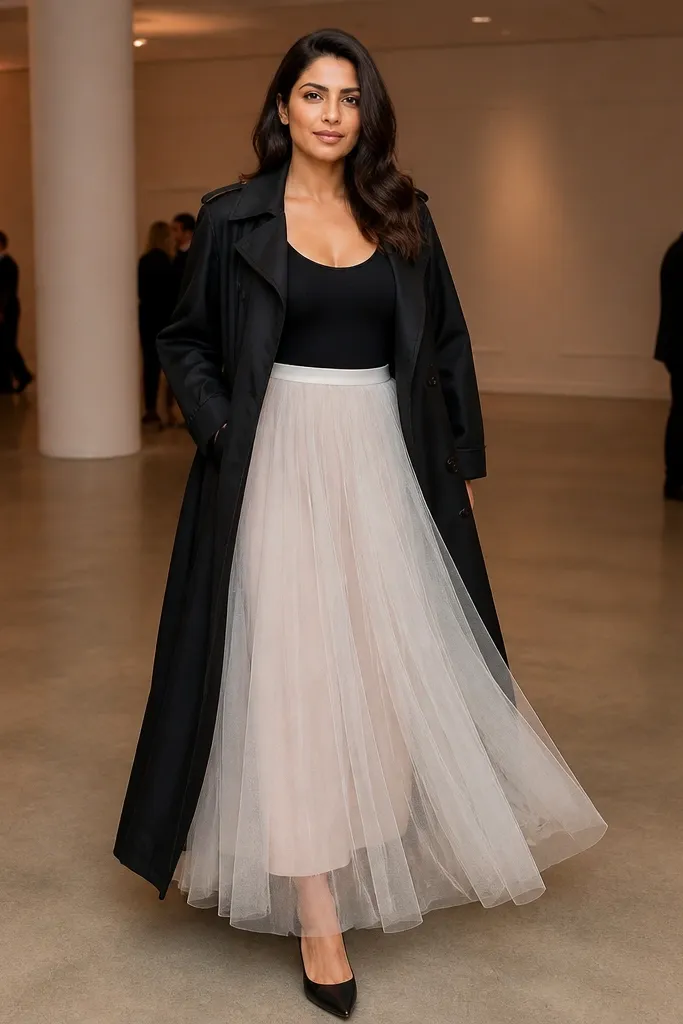 Off-white tulle skirt with black bodysuit and black trench coat