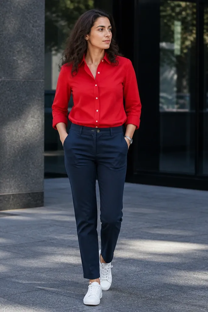 True red button-up with navy chinos and white sneakers