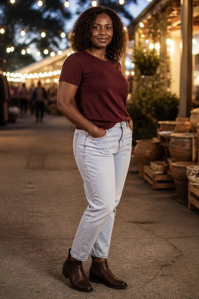 Burgundy t-shirt with light wash jeans and brown Chelsea boots