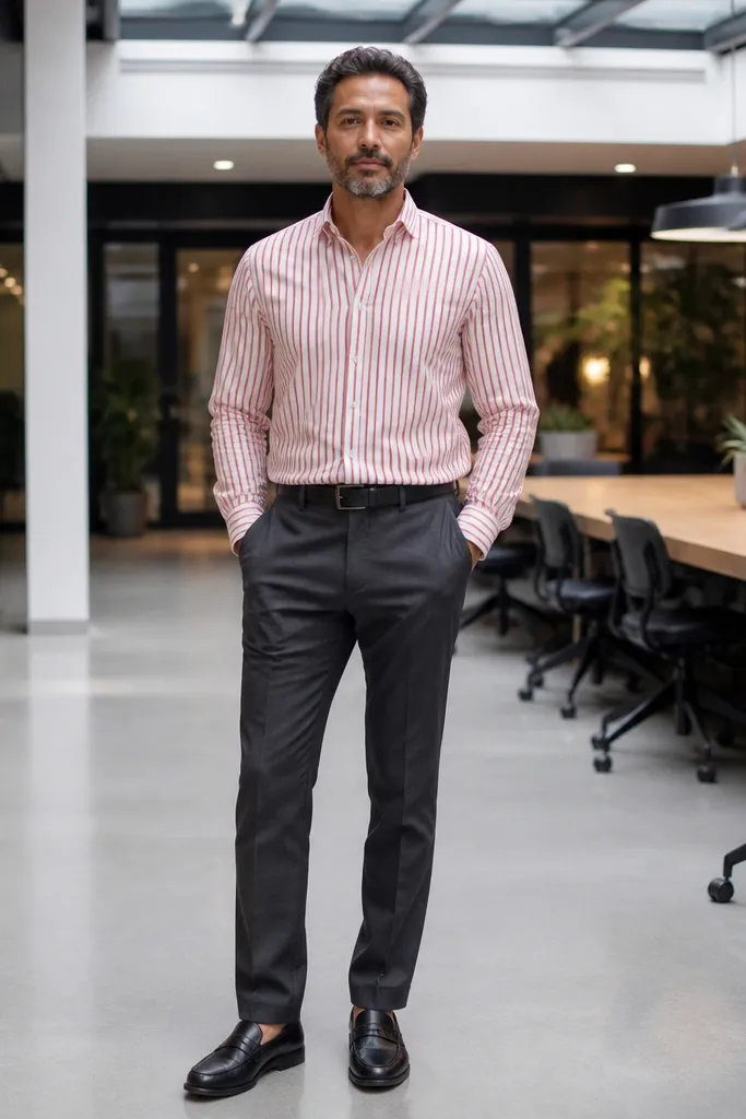 Red striped shirt with charcoal trousers and black loafers