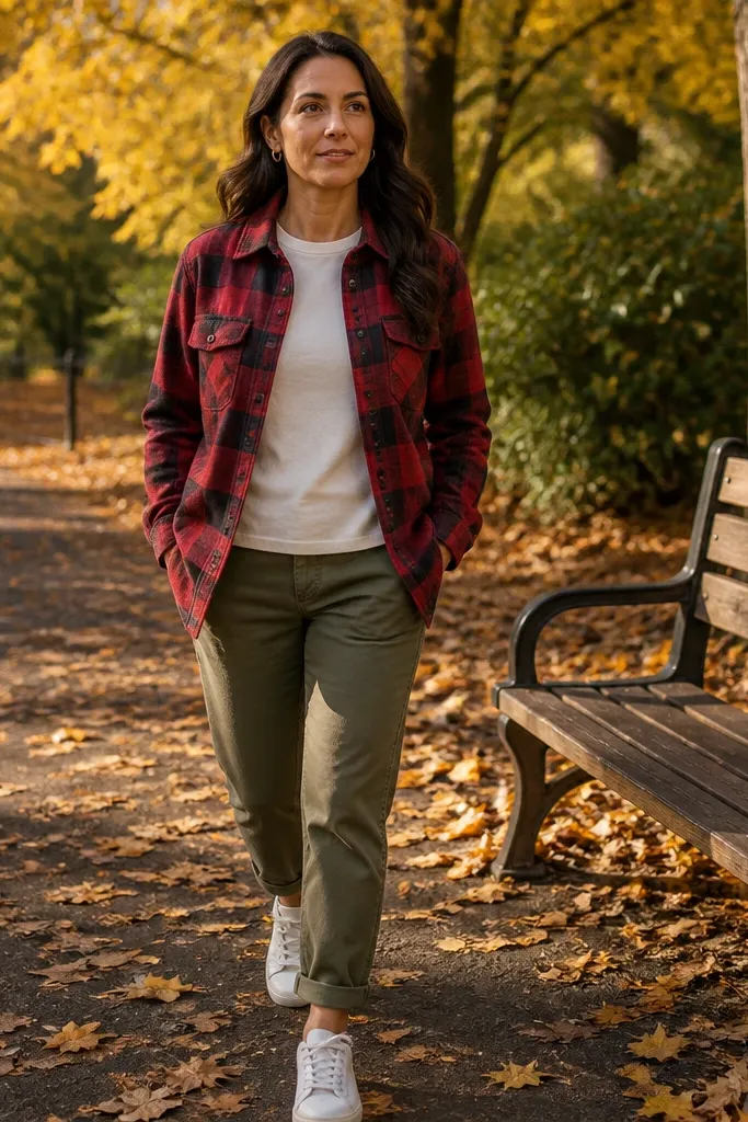 Red flannel overshirt over a tee with olive chinos and white sneakers