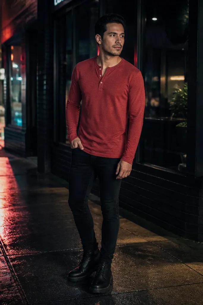 Red henley with black skinny jeans and matte black boots