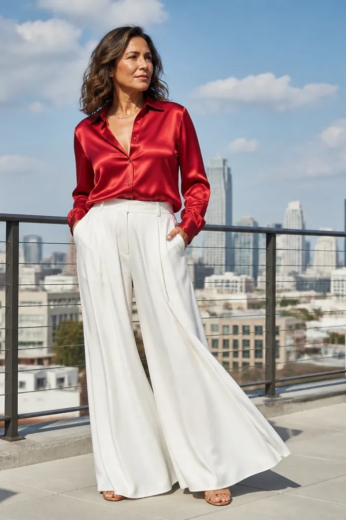 Red satin shirt with white wide-leg trousers and nude sandals