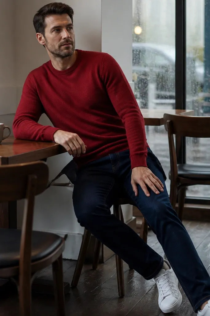 Red crewneck sweater with navy denim jeans and white sneakers