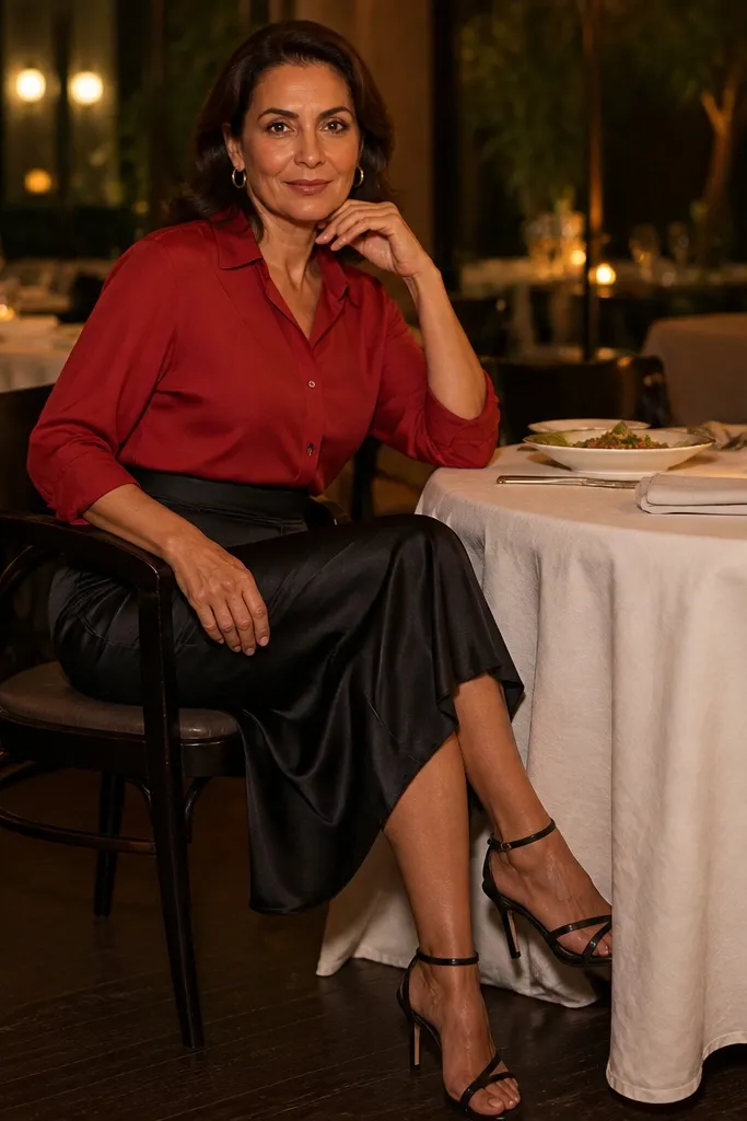 Red button-up shirt with a black midi skirt and strappy heels