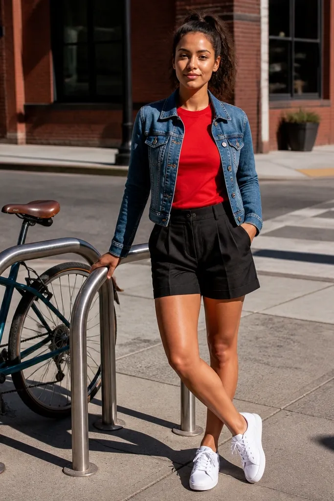 Red t-shirt with denim jacket, black shorts, and white sneakers