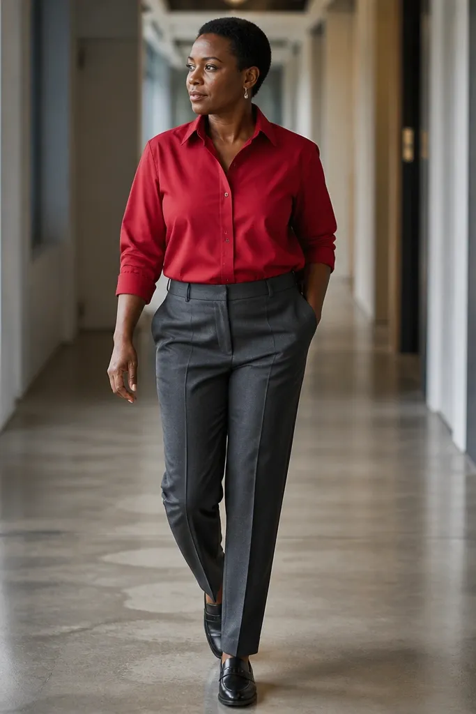 Red button-up with gray trousers and black loafers