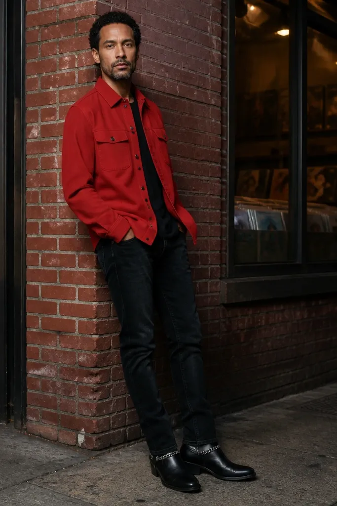 Red overshirt with black jeans and dark boots