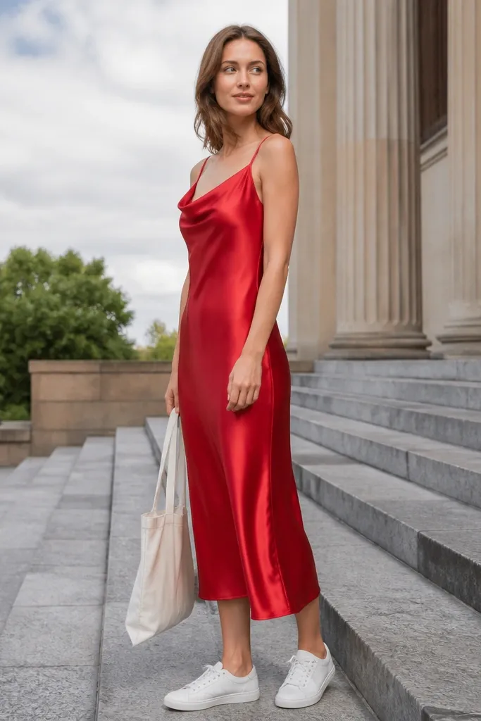 Red satin slip dress with white sneakers
