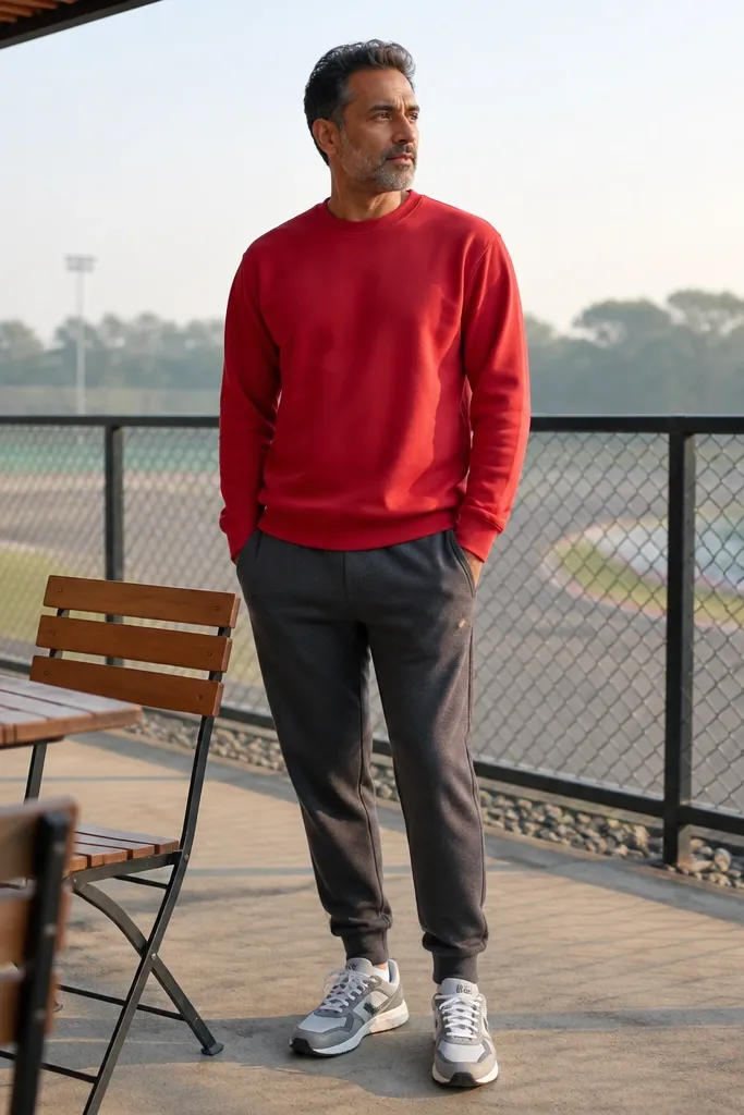 Red sweatshirt with charcoal joggers and retro running shoes